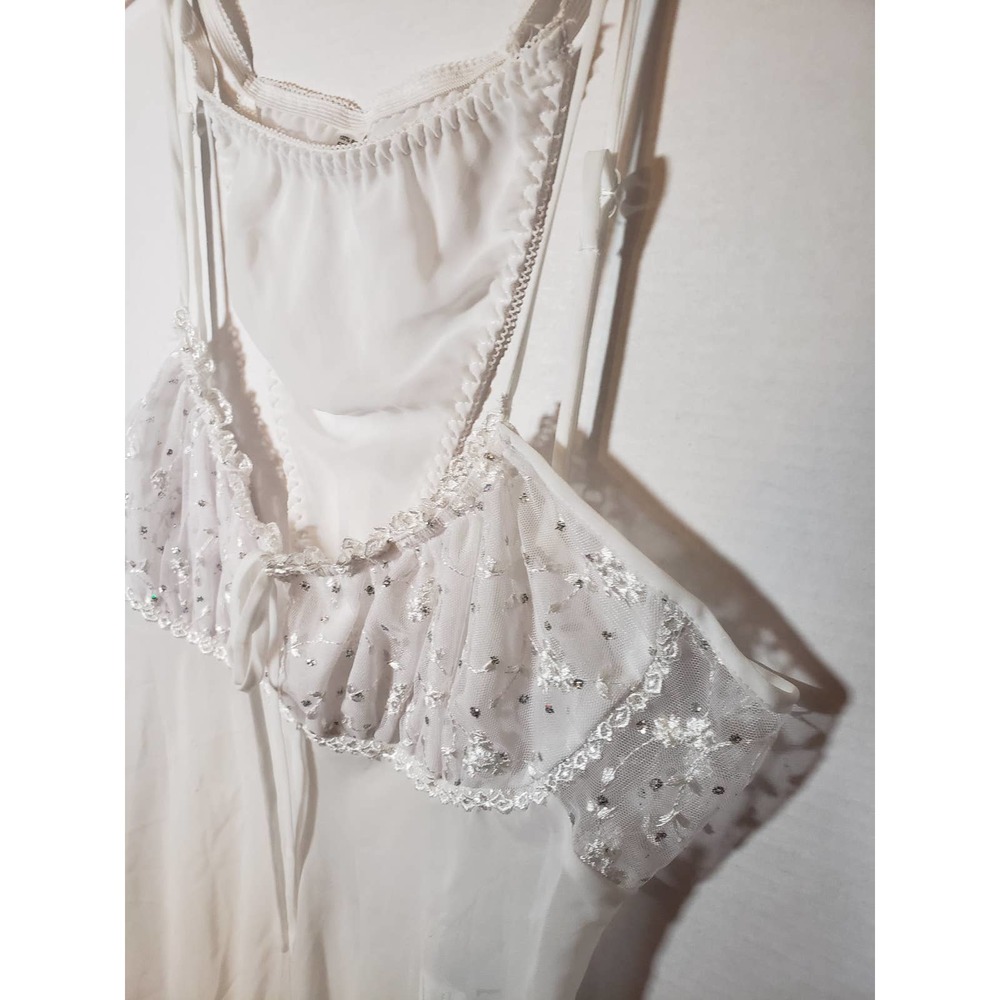 LAI Design White Sheer Chiffon Lace Sparkle Gown & Thong Lingerie Sz XL